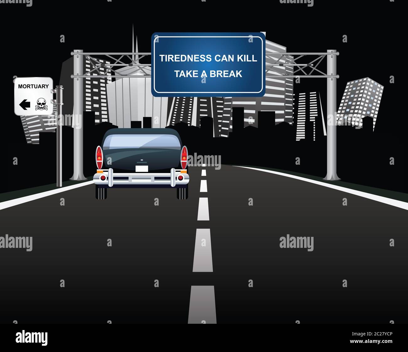 Tiredness can kill warning sign to motorist on overhead road gantry with vehicle entering generic city Stock Photo