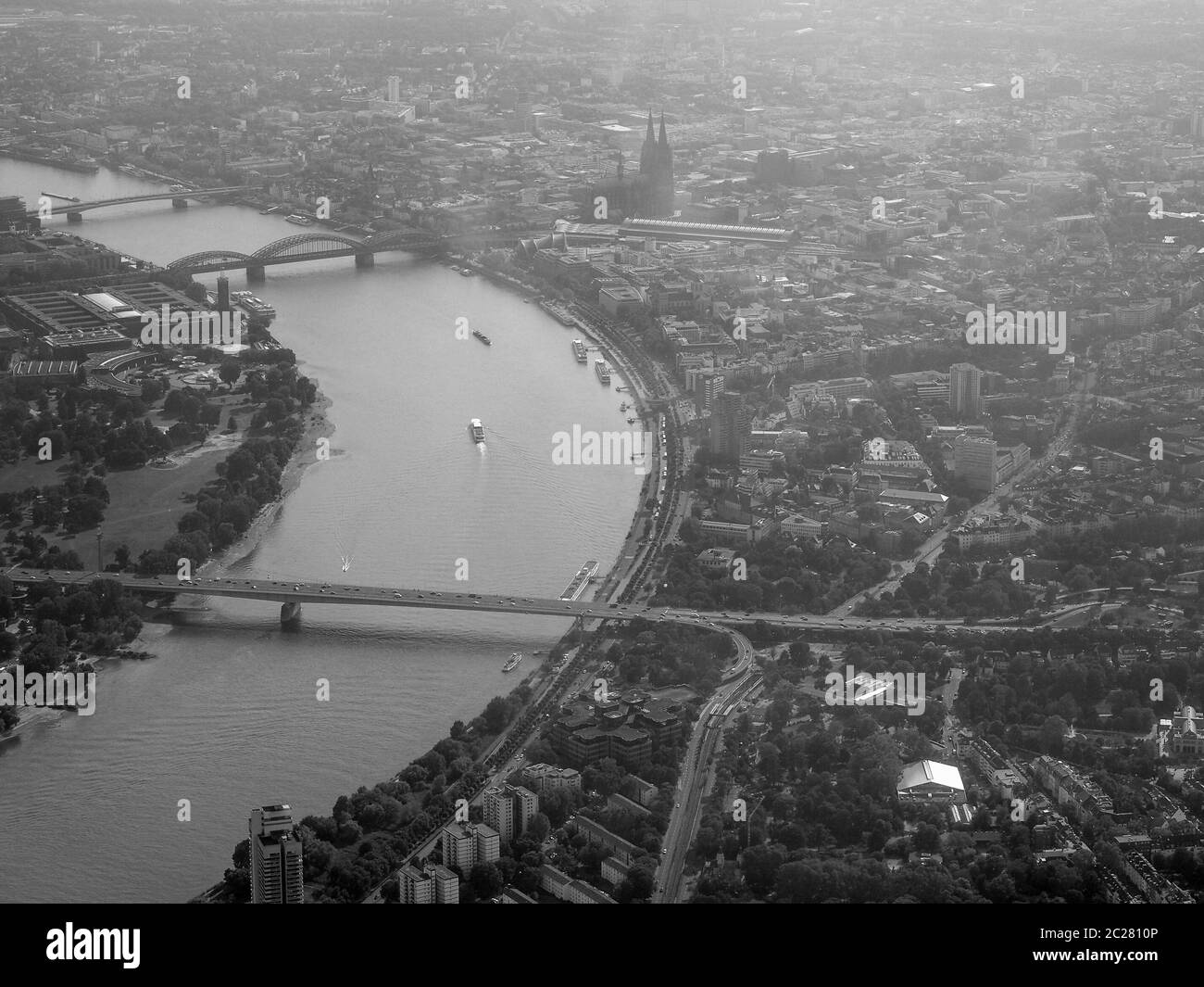Aerial view of the city of Koeln, Germany in black and white Stock Photo