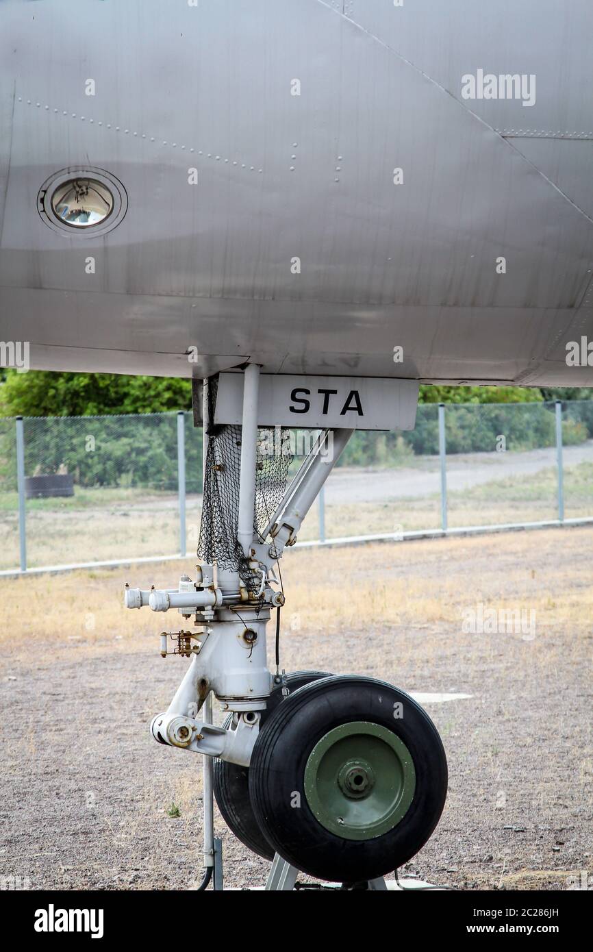 detail view of an airplane, nose wheel of an airplane Stock Photo