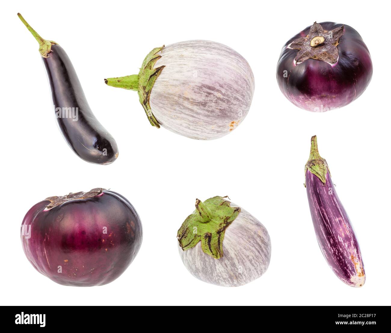 various fresh eggplants isolated on white background Stock Photo