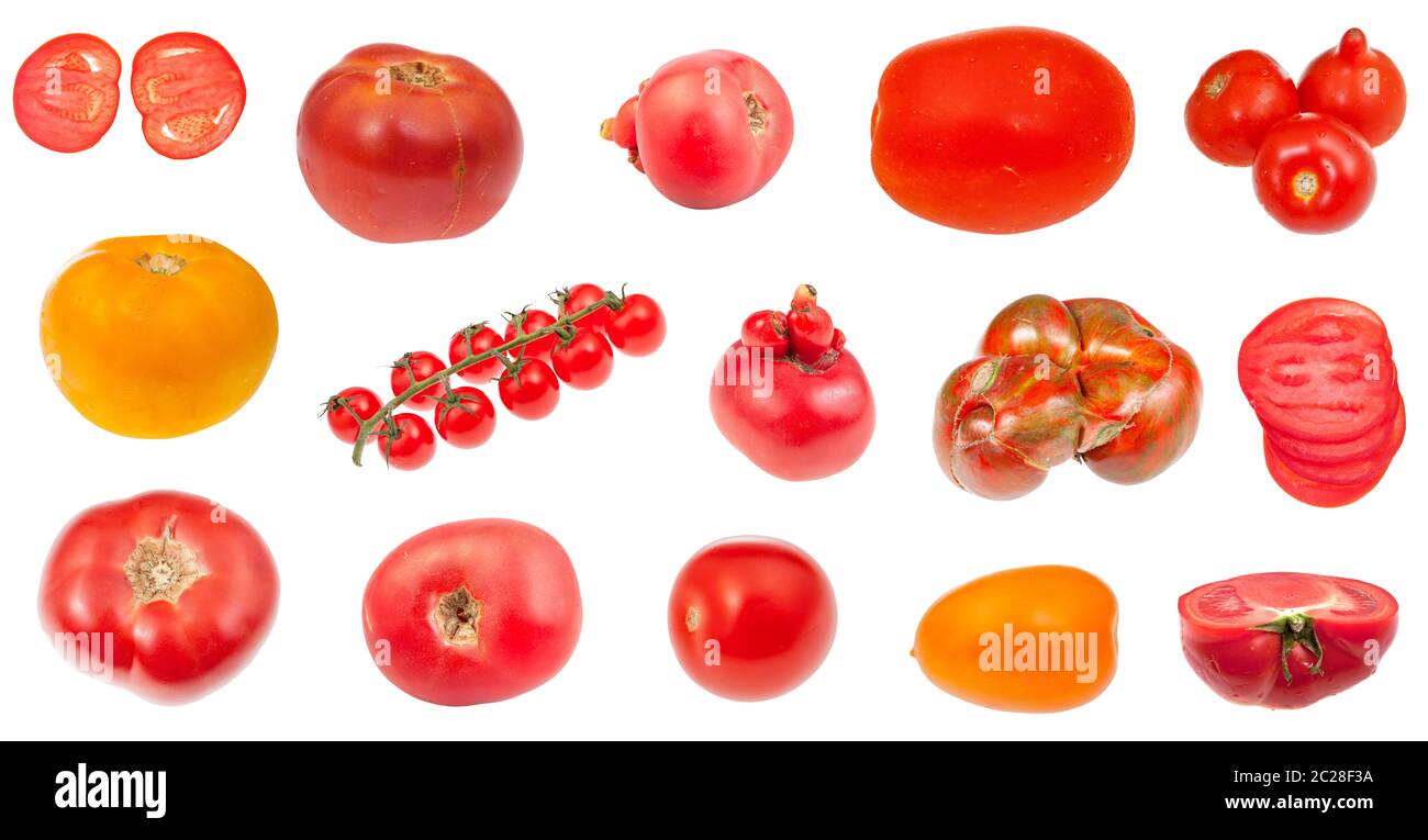 various fresh tomatoes isolated on white background Stock Photo
