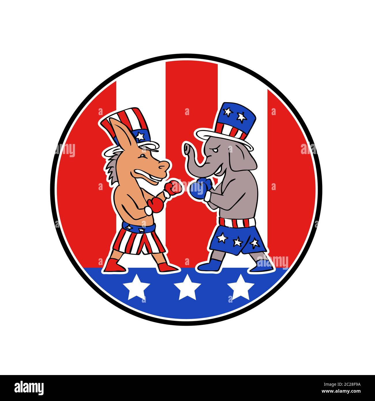 Doodle art illustration of American Democratic donkey and Republican elephant fighting boxing set in circle with USA starts and stripes flag on white Stock Photo