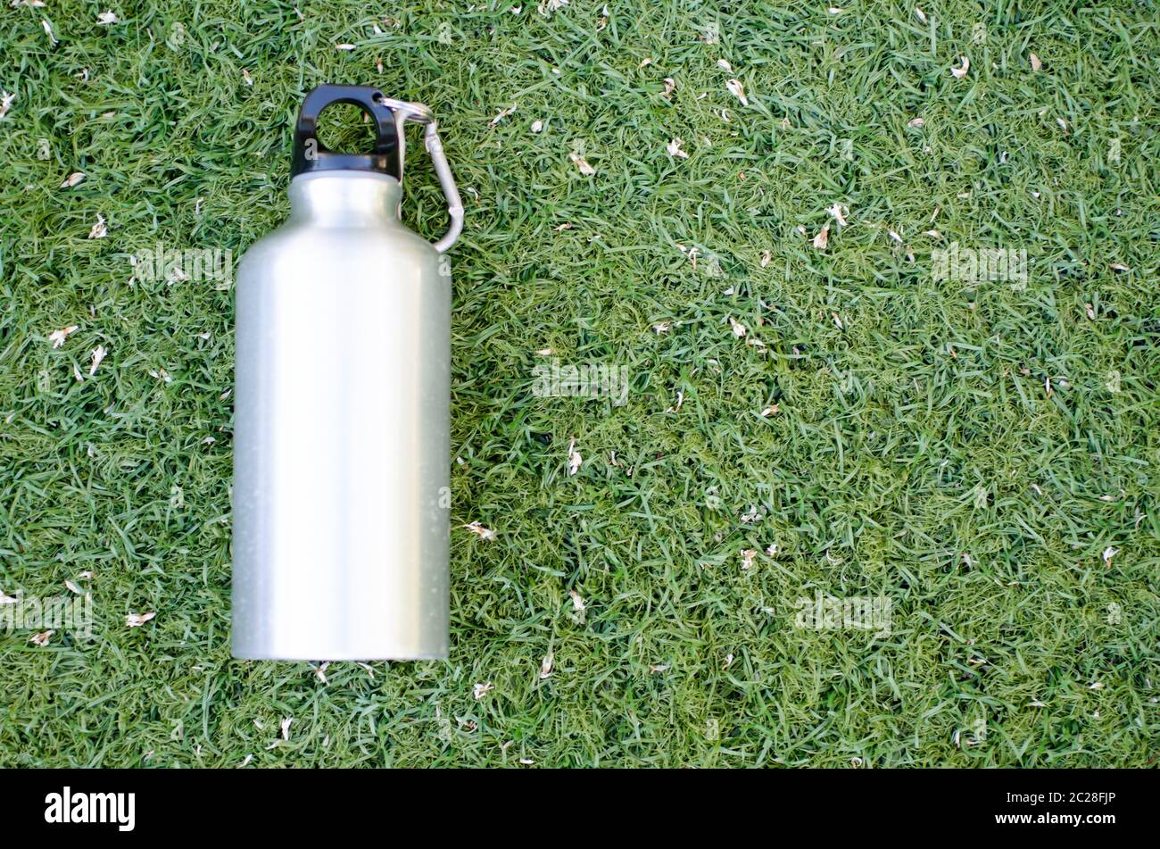 Reusable water bottle on a green grass background Stock Photo - Alamy