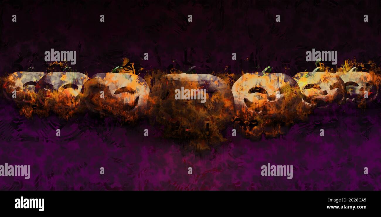Grunge Halloween Background with Evil Grinning Pumpkins Stock Photo