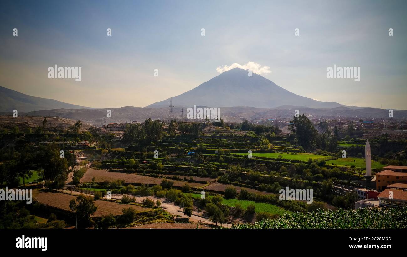 Panoramic view to misti mountain and Arequipa city from Yanahuara viewpoint, Arequipa, Peru Stock Photo
