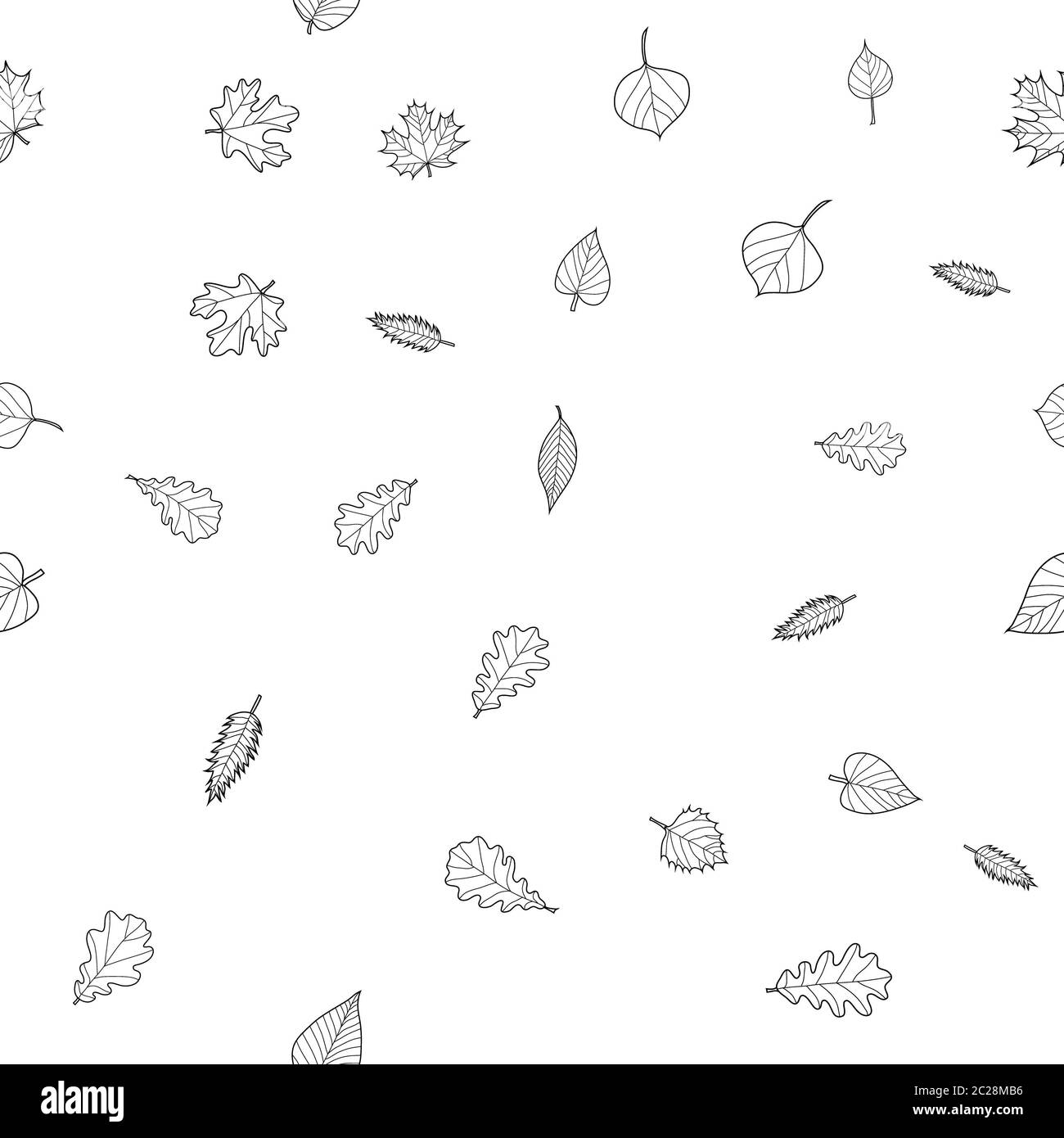 abstract doodle autumn leaves seamless pattern - black and white, for ...