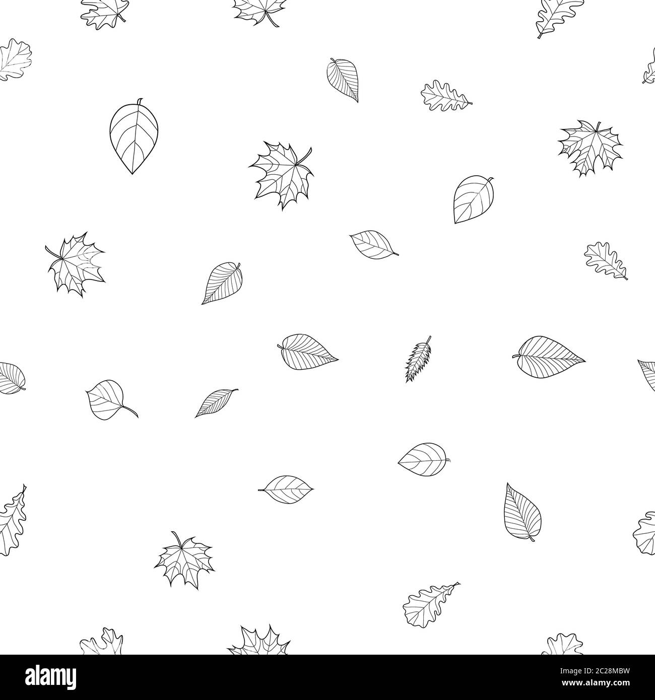 abstract doodle autumn leaves seamless pattern - black and white, for ...
