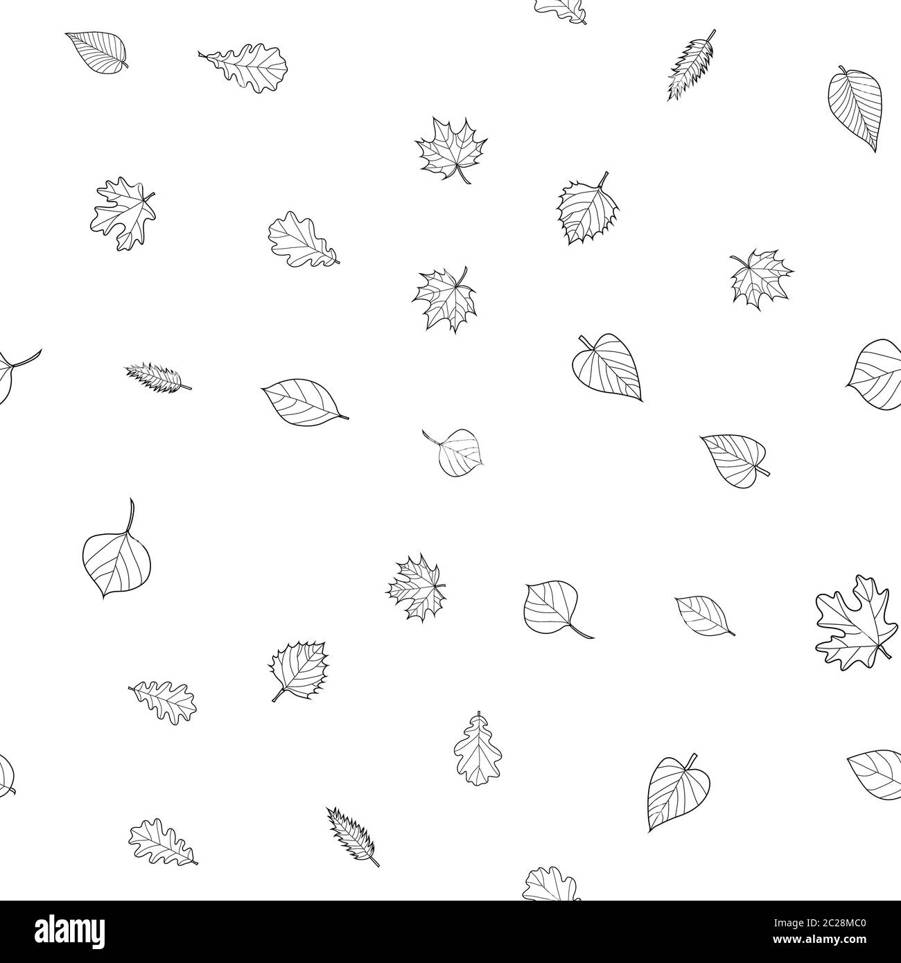 abstract doodle autumn leaves seamless pattern - black and white, for ...