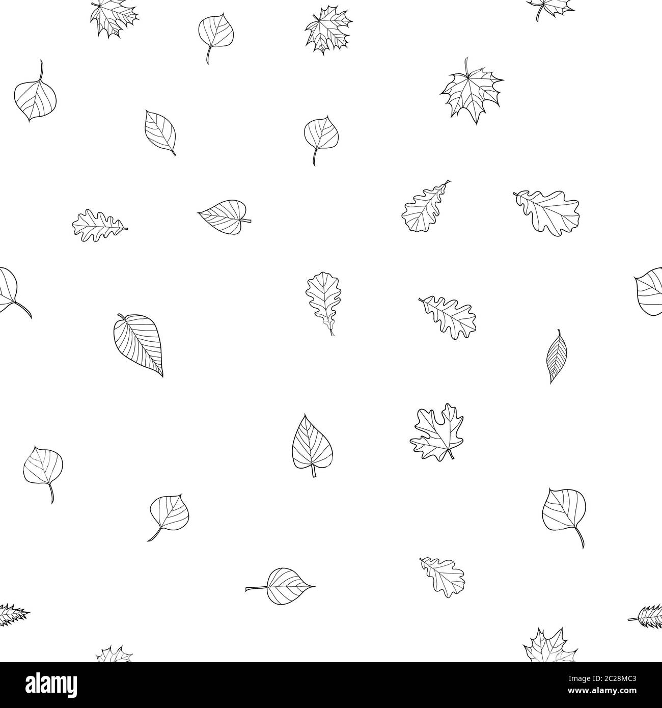 abstract doodle autumn leaves seamless pattern - black and white, for ...