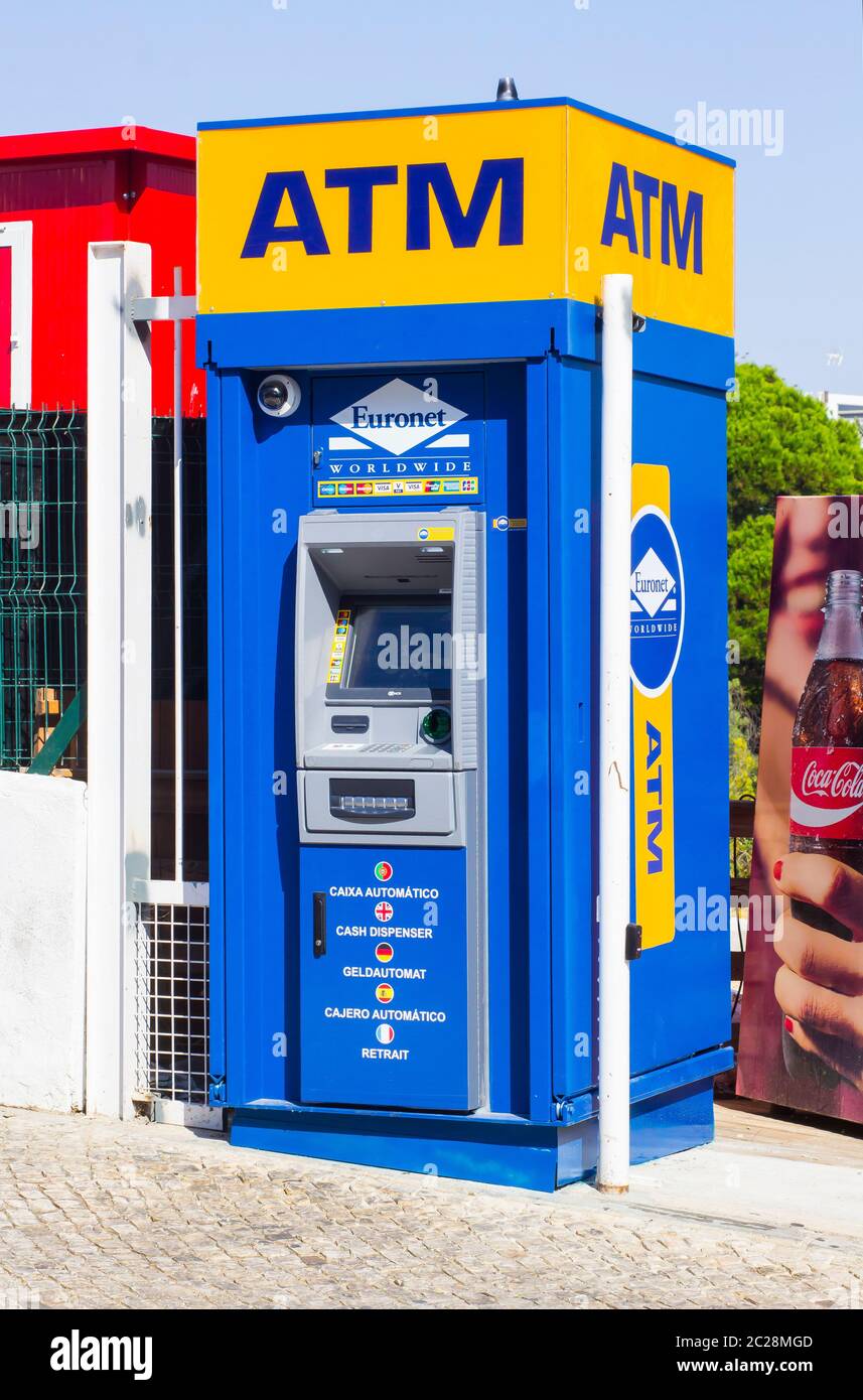 3 October 2018 An automated cash dispenser located on the street in the Portuguse holiday resort of Albuferia on the Algarve Stock Photo