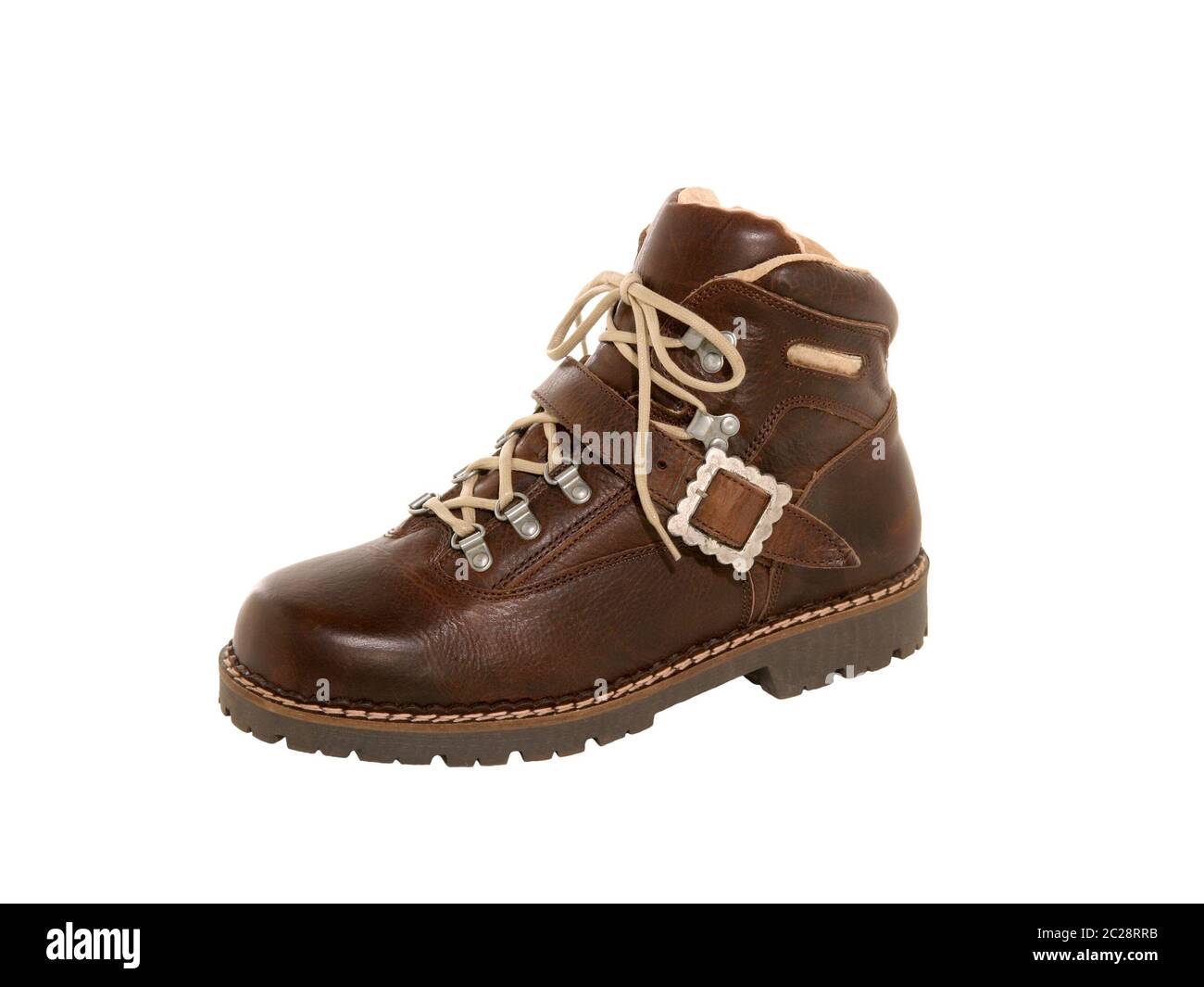 hiking boot brown leather traditional style isolated on white Stock Photo
