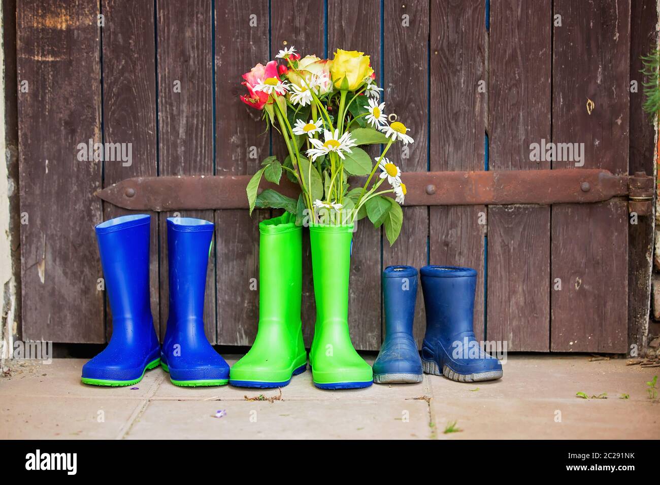 Rubber boots with beautiful flowers in garden Stock Photo - Alamy