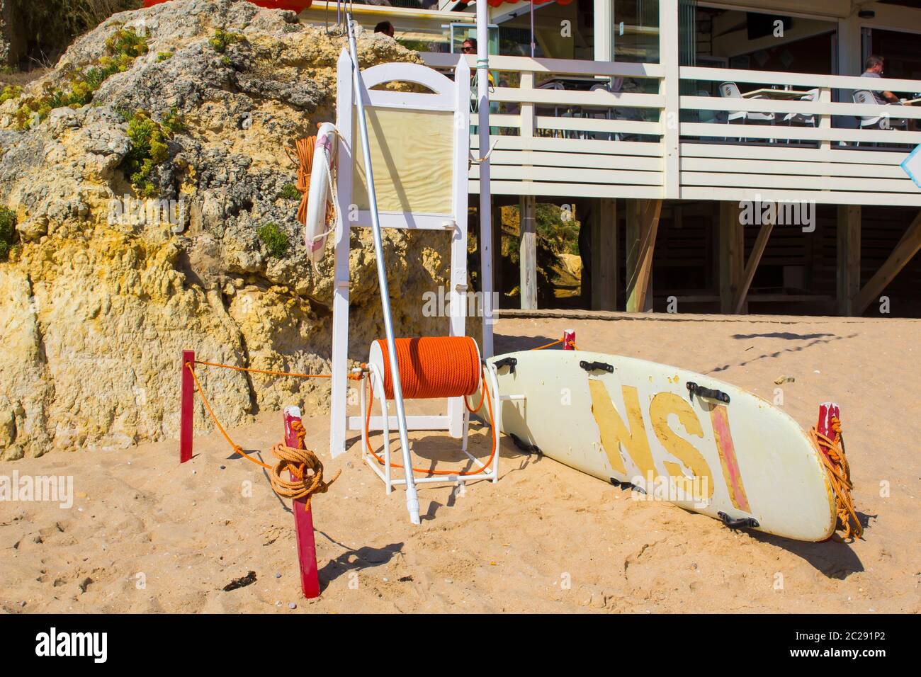 3 October 2018 An unmanned lifeguard station and its equipment on the Oura Praia Beach in Albuferia Portugal on a hot busy afternoon Stock Photo