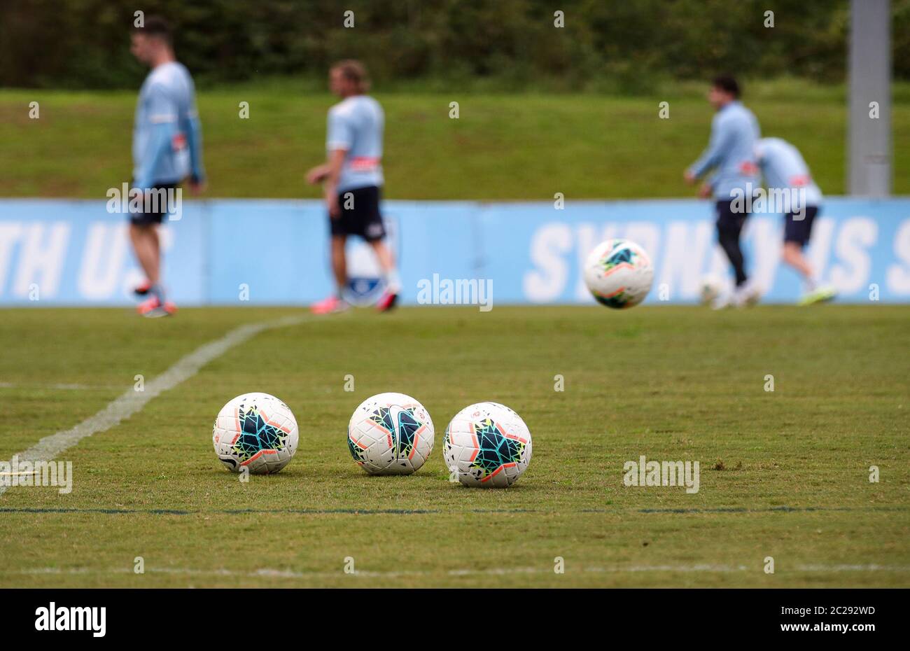 Sydney, Australia. 17th June, 2020. Players of Sydney FC attend a training session at Macquarie University in Sydney, Australia, on June 17, 2020. Australia's highest-level professional men's soccer league A-league is set to resume on July 16 with Melbourne Victory taking on Western United at AAMI Park in Melbourne. Credit: Bai Xuefei/Xinhua/Alamy Live News Stock Photo