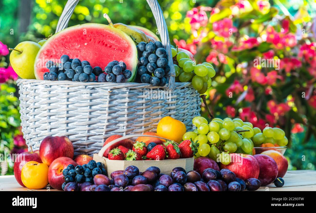 Variety of fresh ripe fruits in the garden. Balanced diet Stock Photo ...