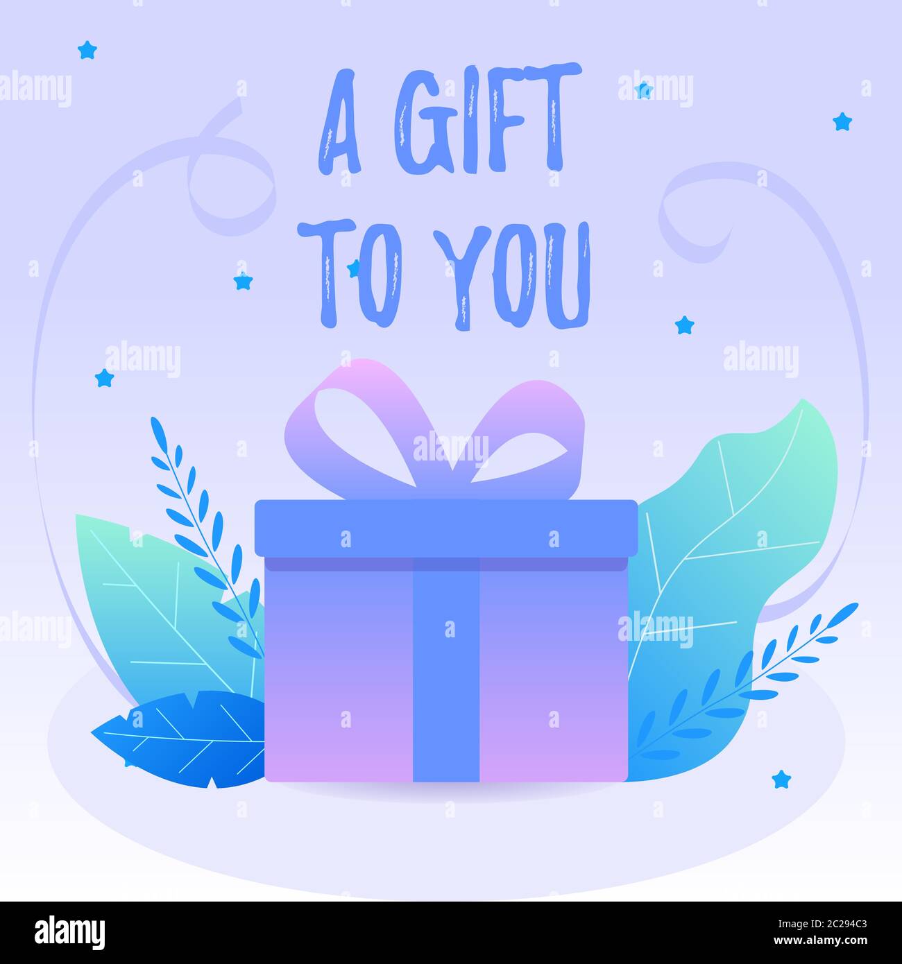 Decorative purple gift box with blue leafs and ribbons. Vector web banner or card Stock Vector