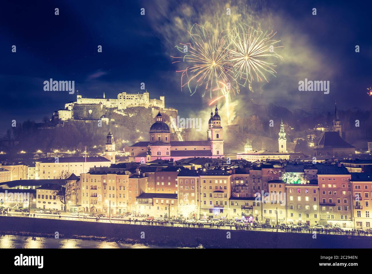 New Year’s Eve: Magical firework over the old city of Salzburg Stock Photo