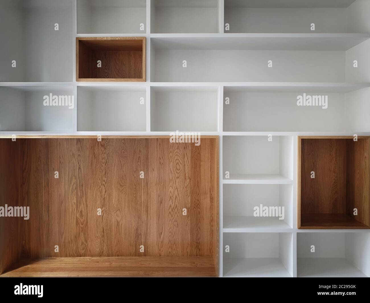 Empty closet shelves background. Modern wooden wardrobe boxes, beautiful  white and brown interior design combination, abstract shape and patterns  Stock Photo - Alamy