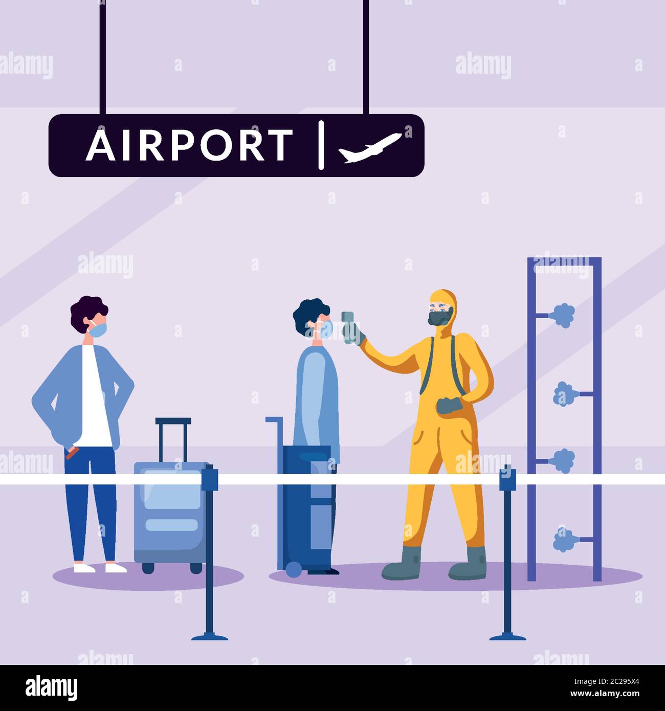 Hand holding thermometer gun checking man temperature at airport design