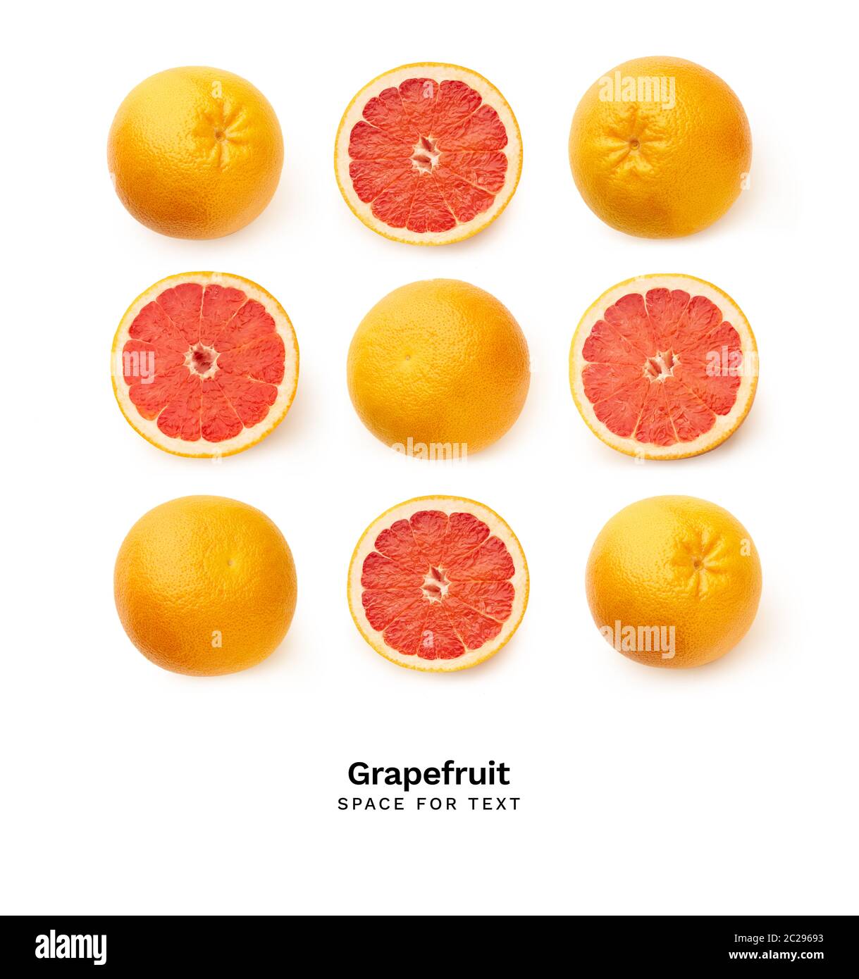 Creative pattern with fresh grapefruits isolated. Top view with copy space. Fresh citrus fruit Stock Photo