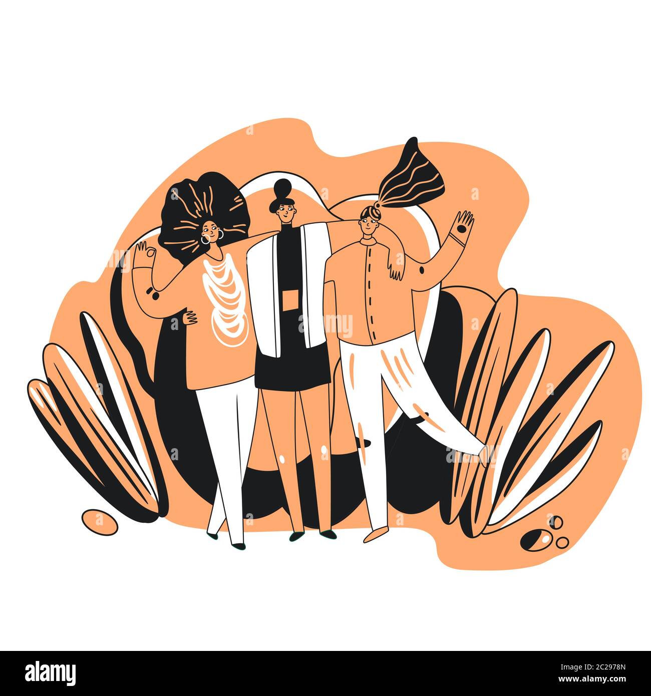 Happy friends and sisterhood vector cartoon illustration. Happy woman holding hands, hugging each other in friendly and positive mood. Sisterhood Stock Vector