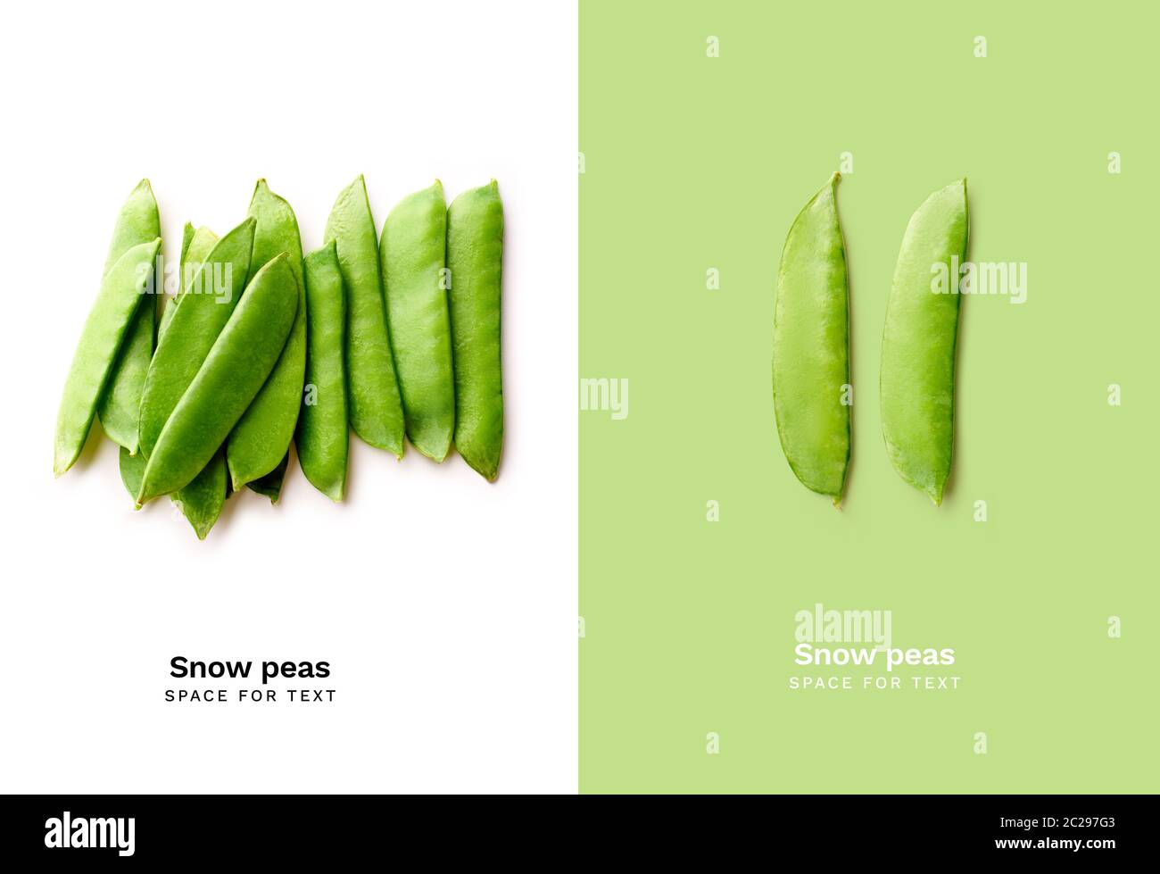 Top view image of fresh thin snow peas isolated on white background. View from above with copy space. Healthy vegetarian meal ingredient Stock Photo