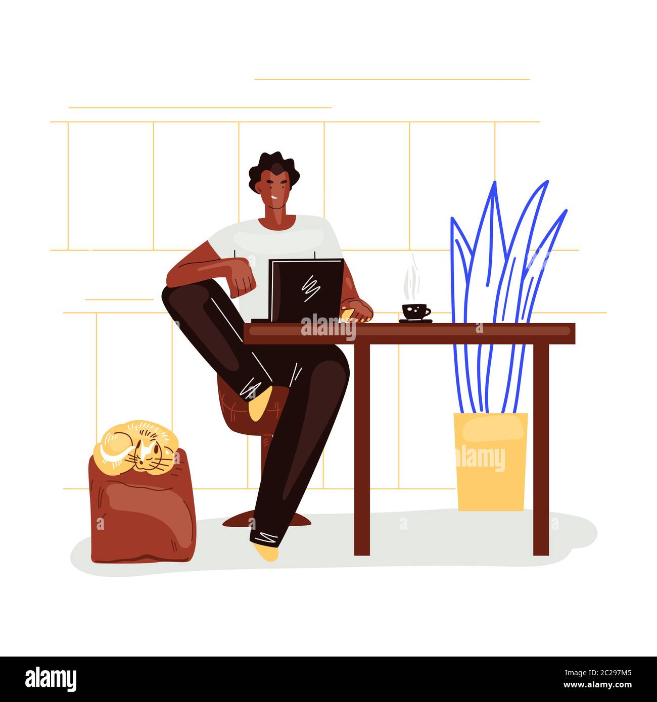 Freelance man work in comfortable cozy home office in kitchen vector flat illustration. Freelancer man character working from home at relaxed pace Stock Vector