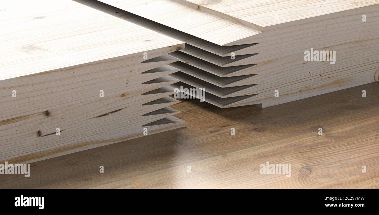 Finger joint wood connection concept. Woodworking of zigzag at the end of the pieces for