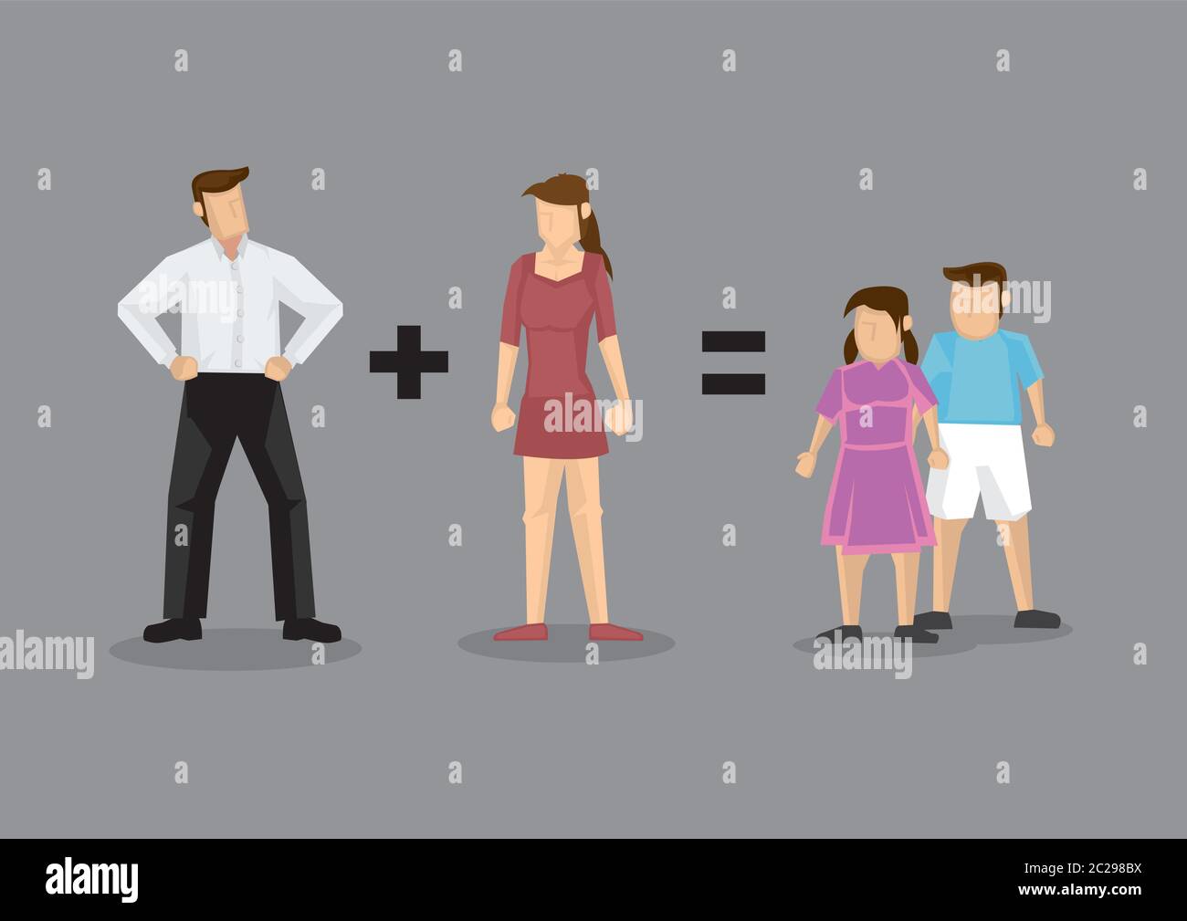 Father plus mother equal children. Creative vector illustration for family concept isolated on grey background. Stock Vector