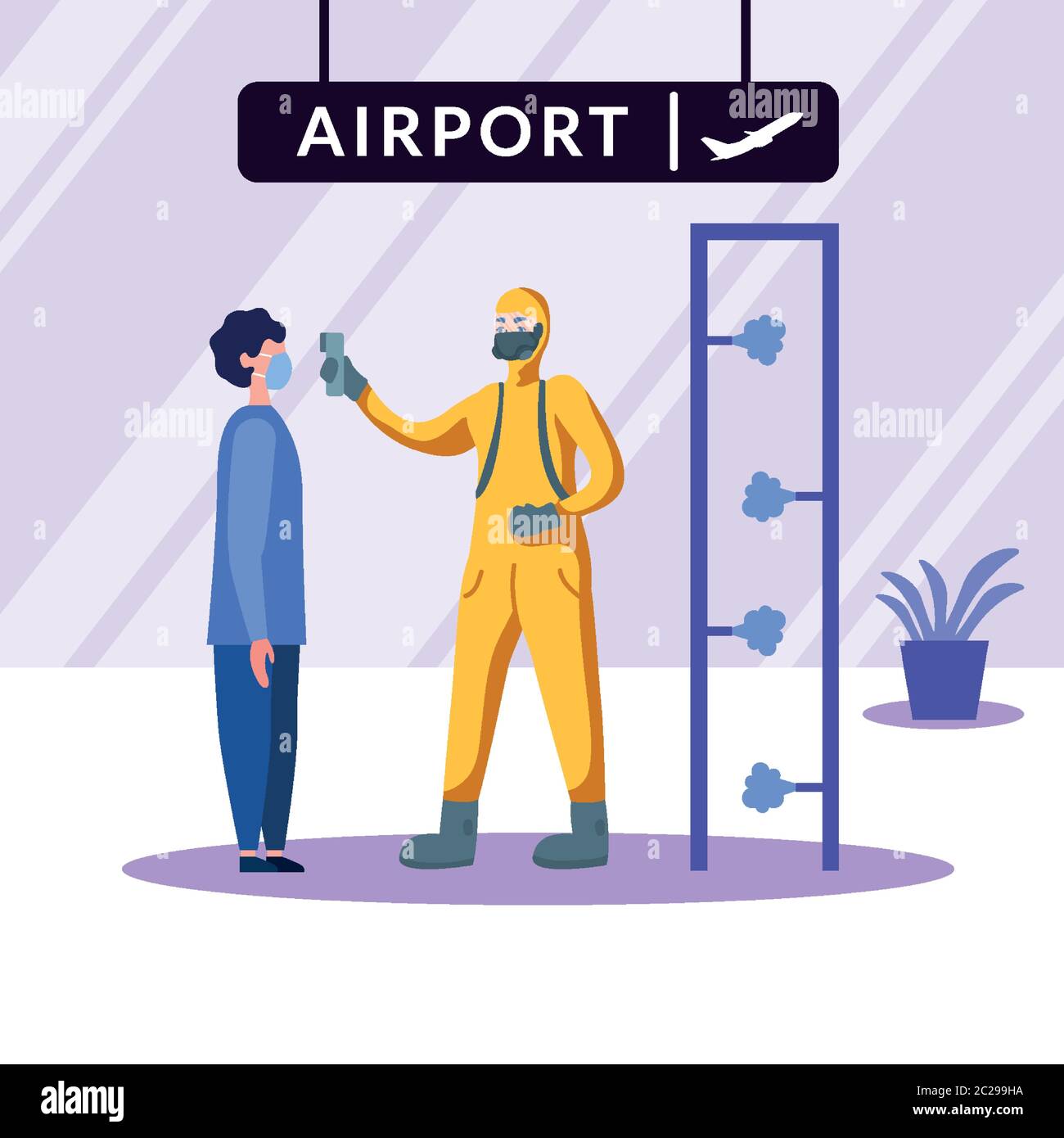 Hand holding thermometer gun checking man temperature at airport design