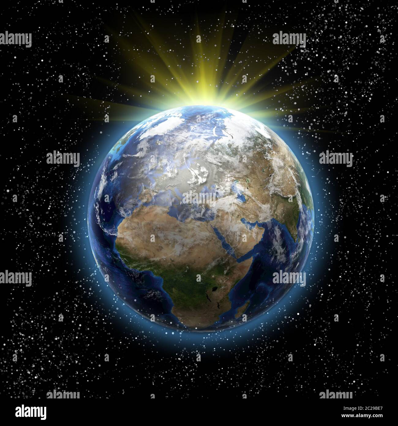 Sun, stars and sunrise above the planet Earth in space. 3D image Stock ...