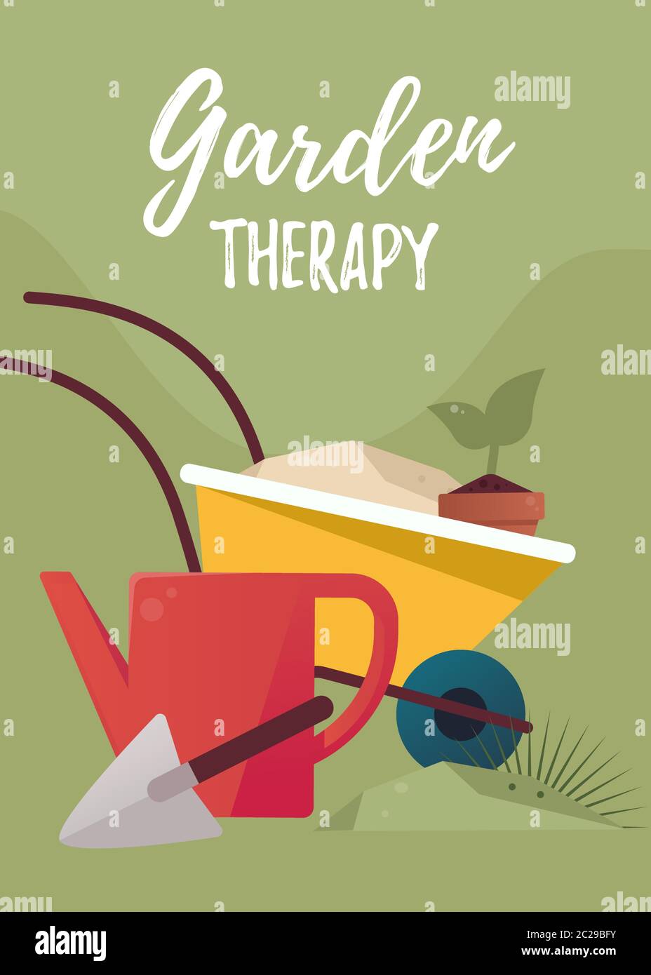 Gardening tool set. Concept of gardening. Wheelbarrow, plants, watering can, grass, cart and potted flower.  Stock Vector