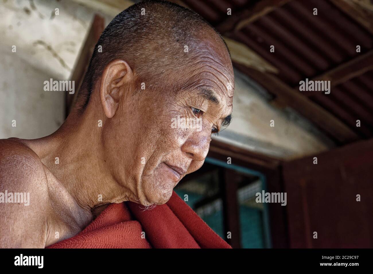 Monk at Yokesone monastery, Salay, Myanmar Stock Photo