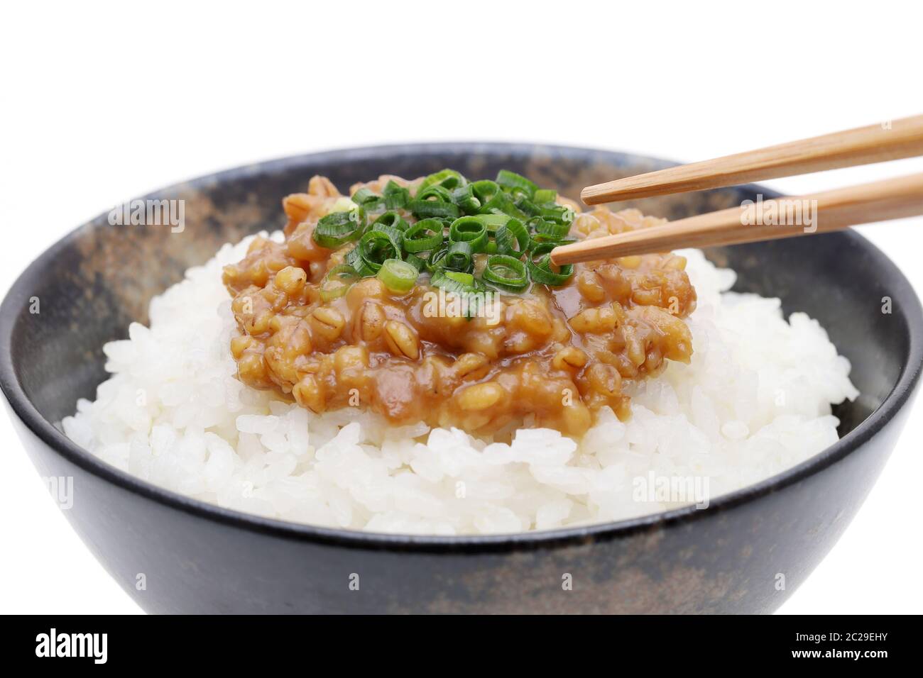 Japanes food, cooked white rice with Moromi miso on white background Stock Photo