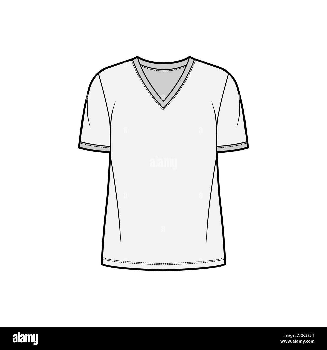 T-shirt technical fashion illustration with V neck, fitted tunic length  oversized body short sleeves, flat. Apparel template front, grey color.  Women and men unisex garment mockup for designer Stock Vector Image &