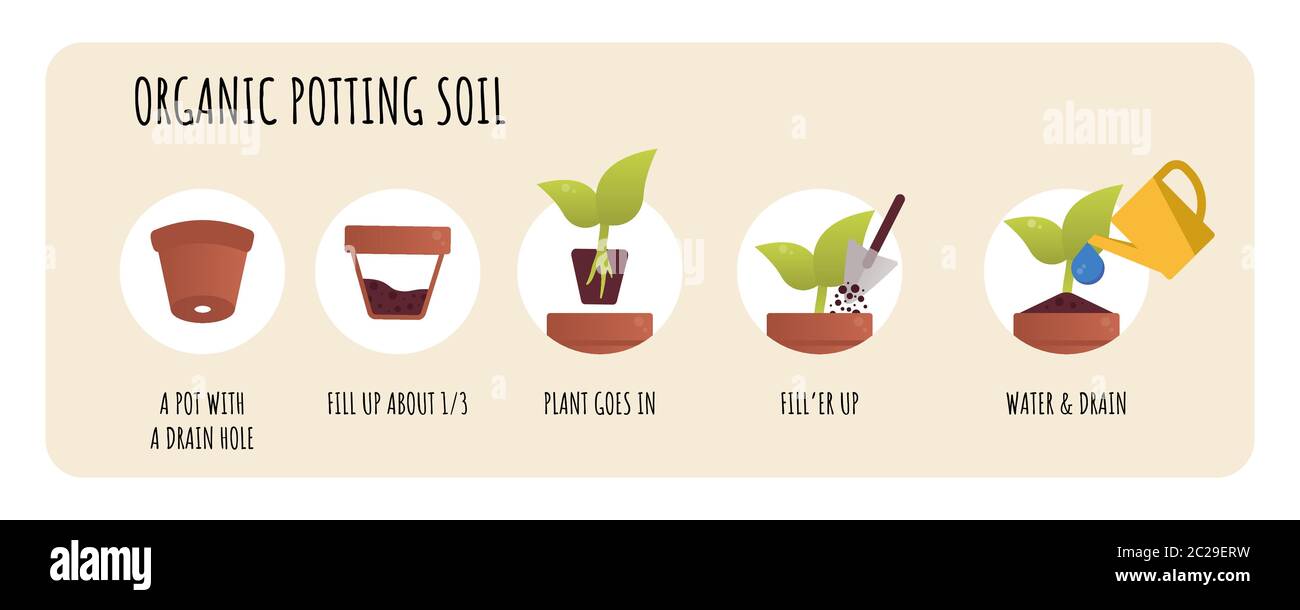 Potting soil mix concept. Organic Soil for Plants. Planting preparation stage.  Stock Vector