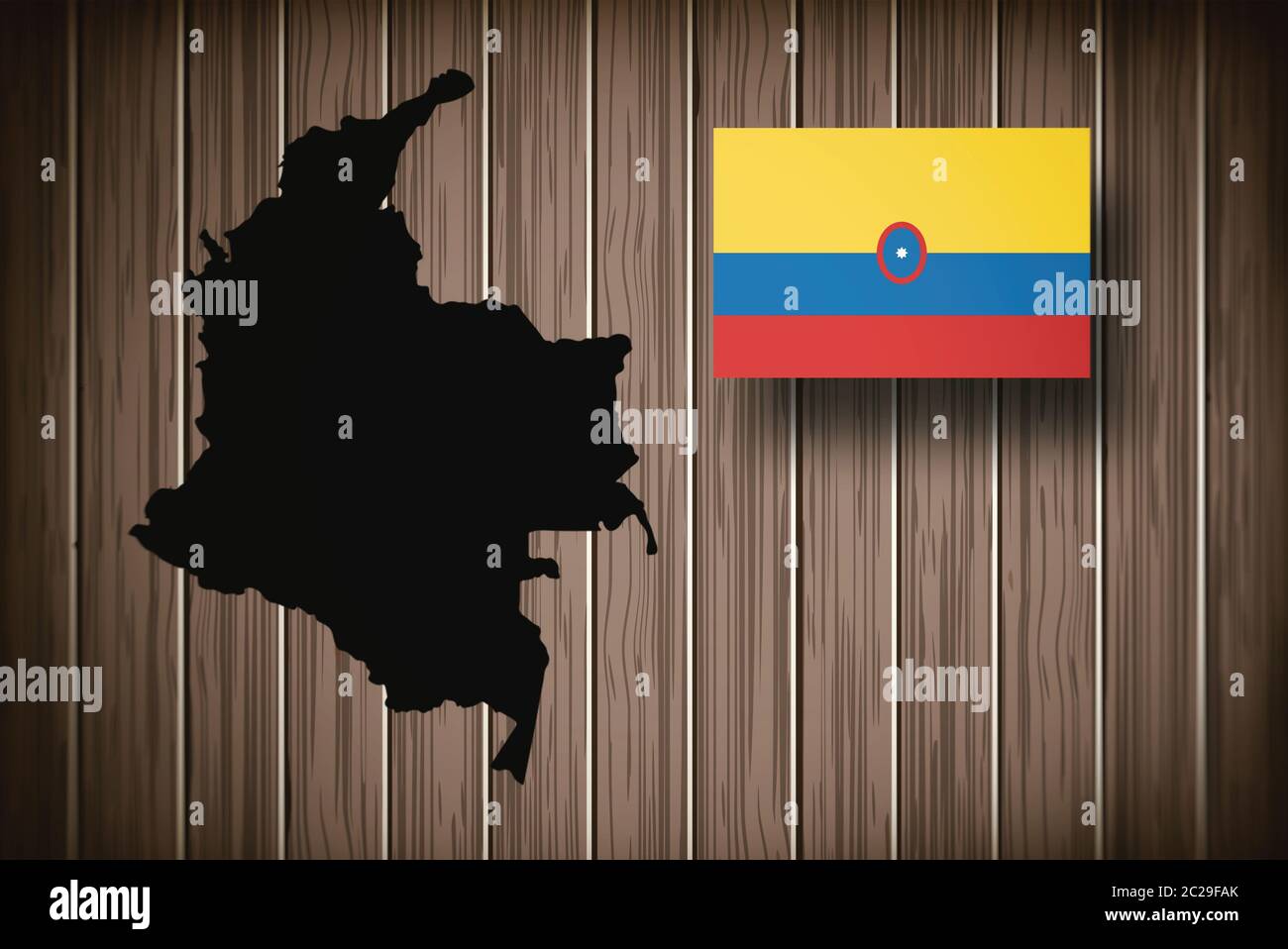 Map and flag of Colombia on a wooden background, civil ensign of Colombia 3D illustration Stock Photo