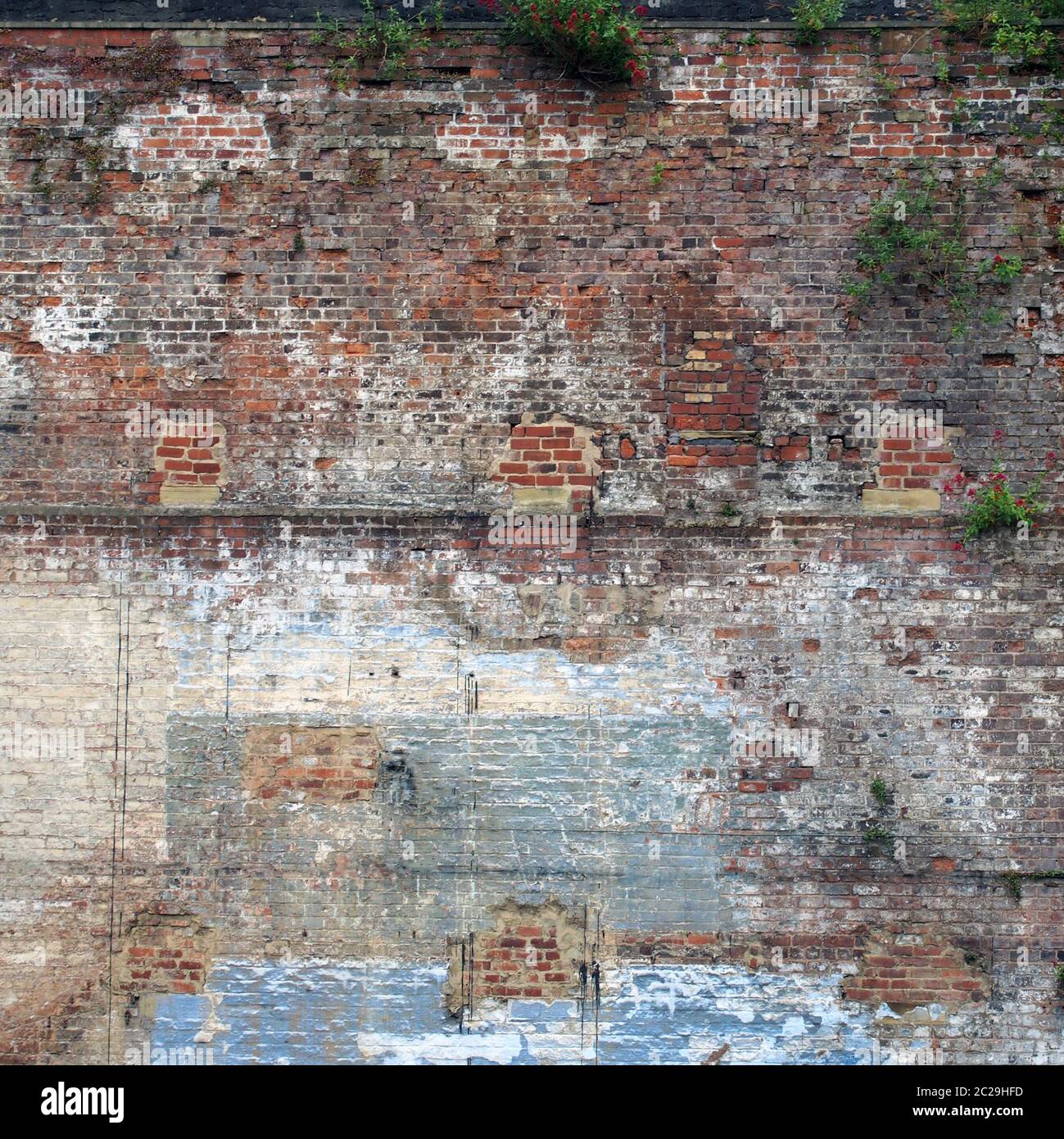 full frame image of a very large old brick wall with many patched and repaired sections stains weeds and faded painted areas Stock Photo