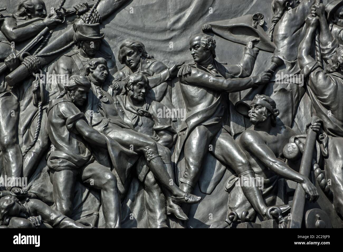 Bronze bas relief on the base of Nelson's Column showing the Death of Admiral Lord Nelson at the Battle of Trafalgar, Westminster, London.  Sculpted b Stock Photo