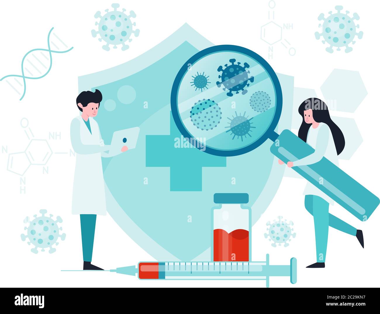 Vaccine development illustration. The concept of finding a vaccine. A protective vaccine discovery.  Stock Vector