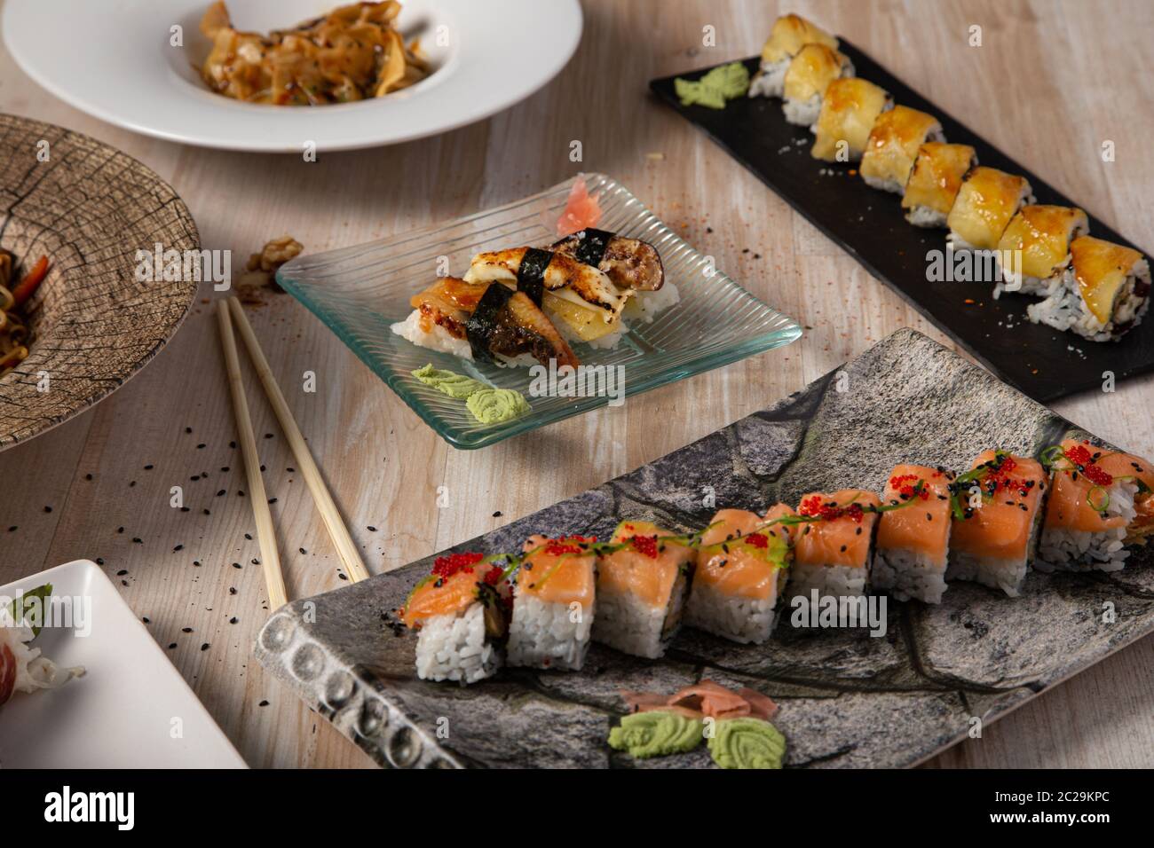 Restaurant with sushi menu. Japanese sushi. Healthy food. Japanese food Stock Photo