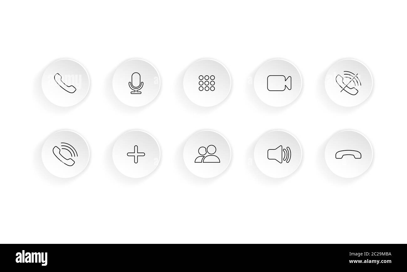 Video call icon set. Communication symbol. Phone, sound, microphone, camera, call symbols. Vector on isolated white background for applications, web Stock Vector