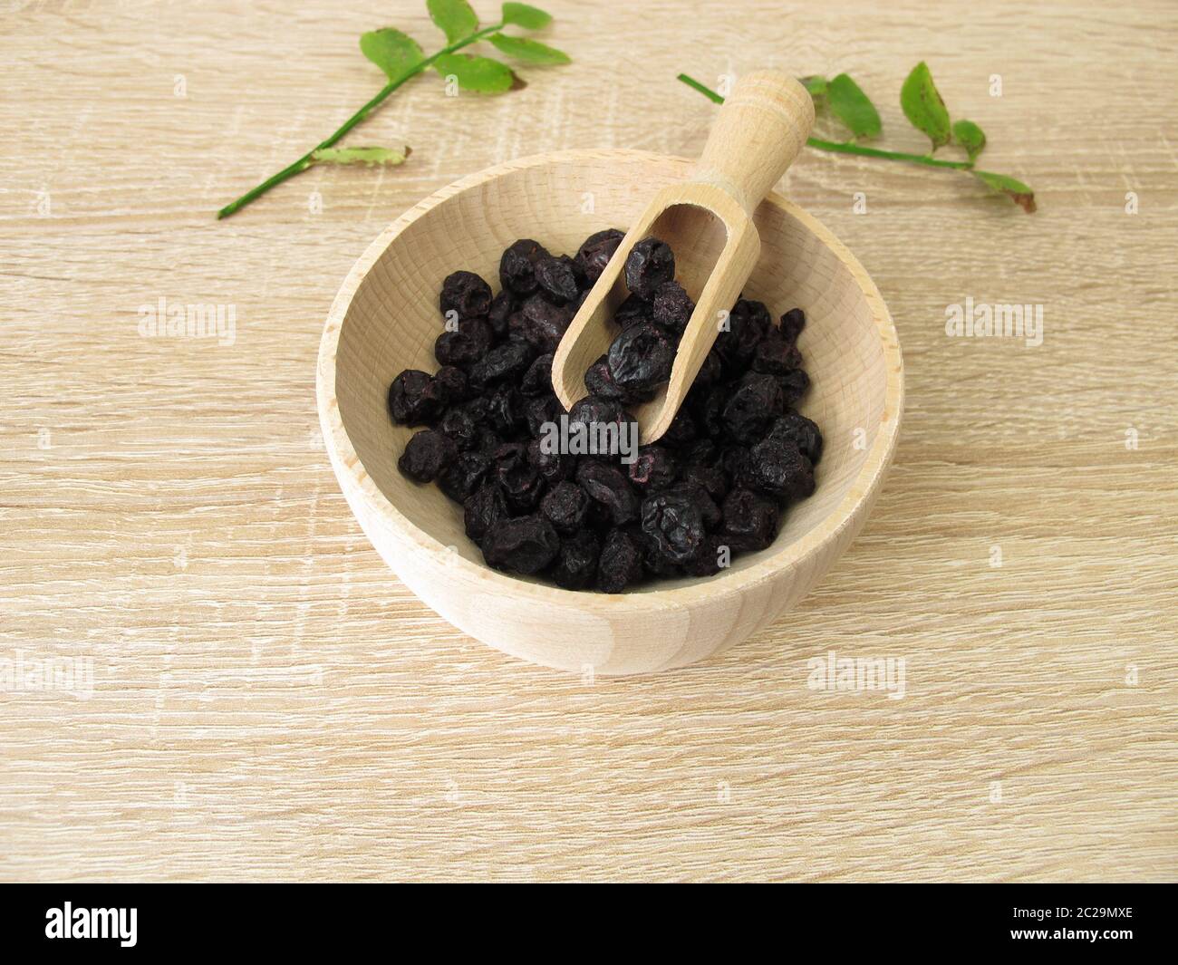 Dried blueberries in a wooden bowl Stock Photo
