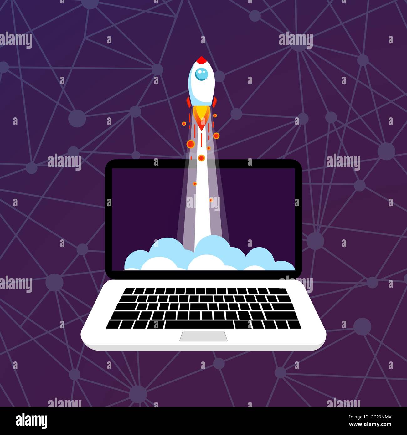Laptop with rocket ship in a flat style. Start up concept. Development ...