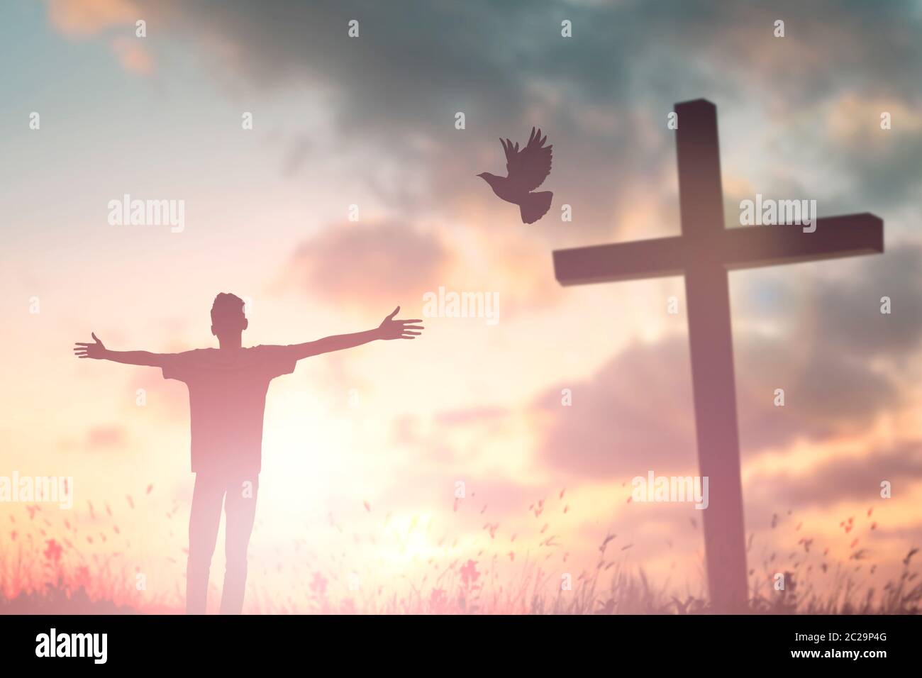 Happy man rise hand Worship God in morning view. Christian spirit prayer  praise on good friday background. Male self confidence empowerment on  mission Stock Photo - Alamy