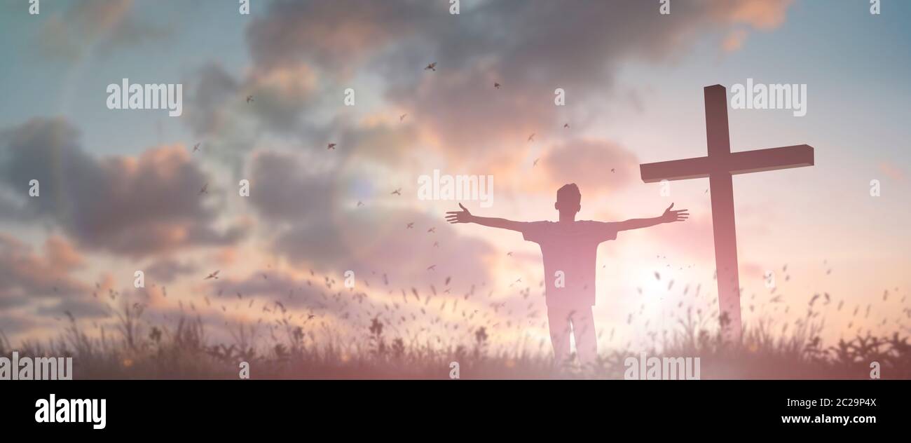 Happy man rise hand Worship God in morning view. Christian spirit prayer  praise on good friday background. Male self confidence empowerment on  mission Stock Photo - Alamy
