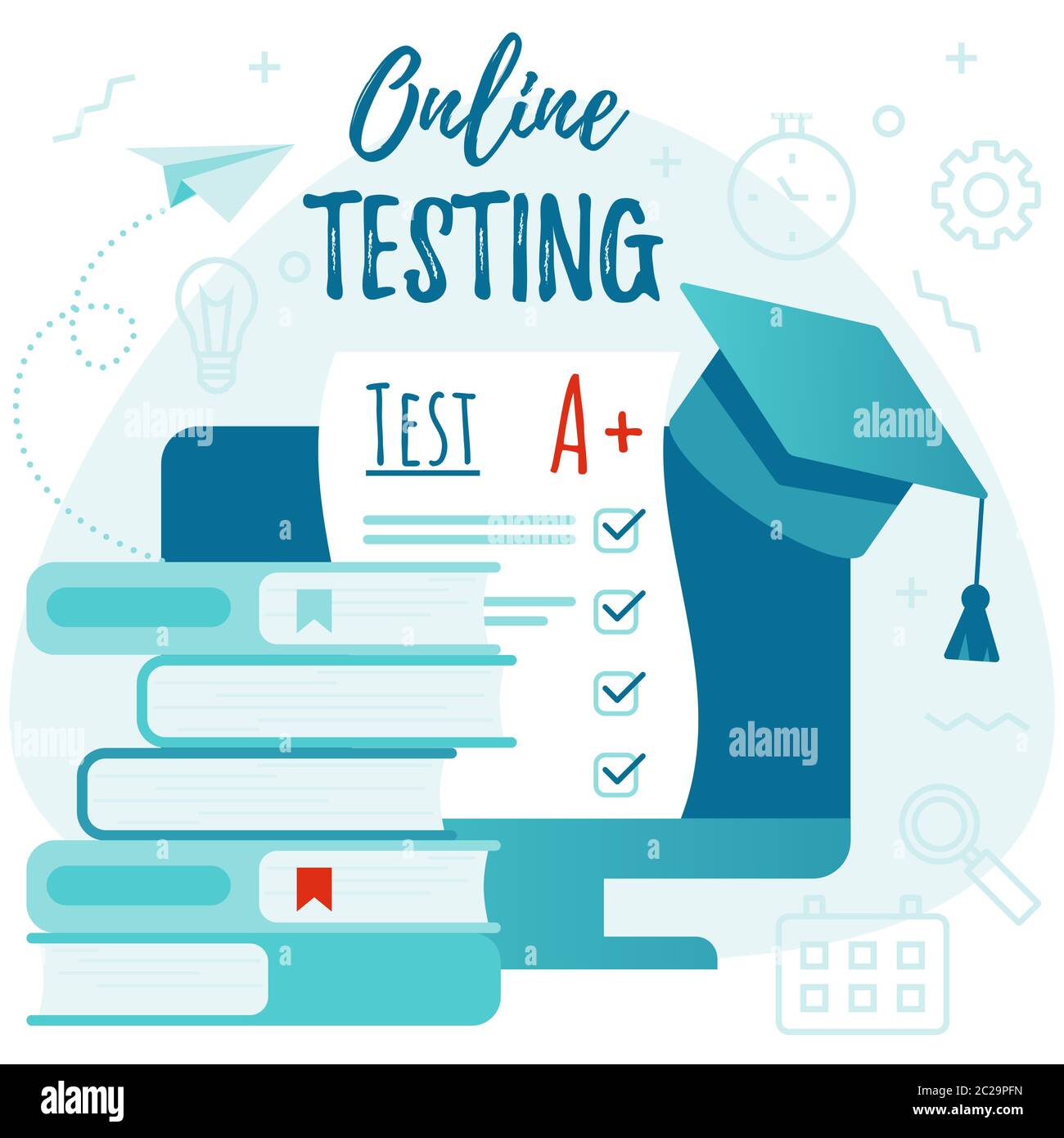 Online testing, quiz exam, E-learning, distance education illustration. Stock Vector