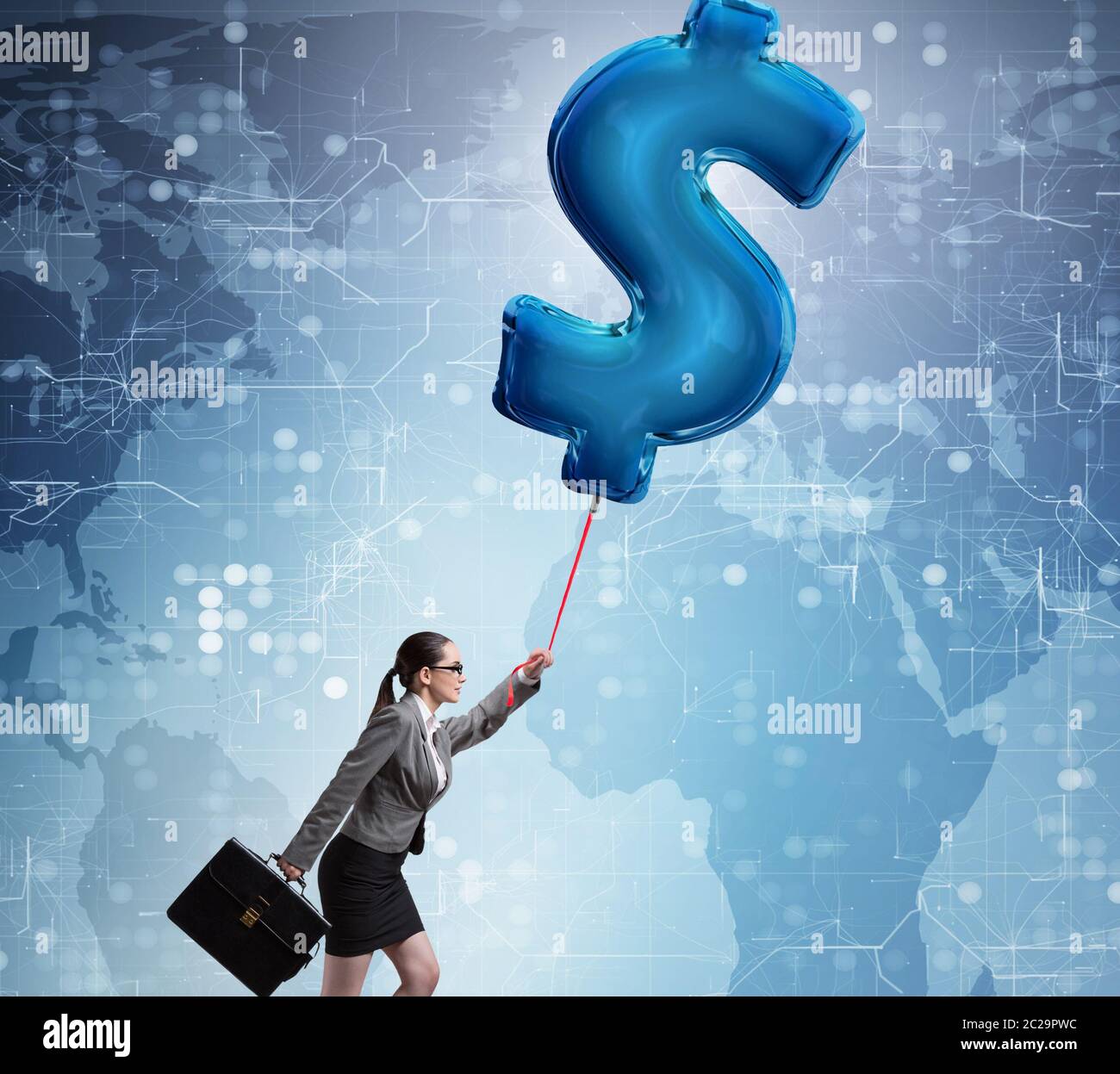 Businesswoman flying on dollar sign inflatable balloon Stock Photo - Alamy