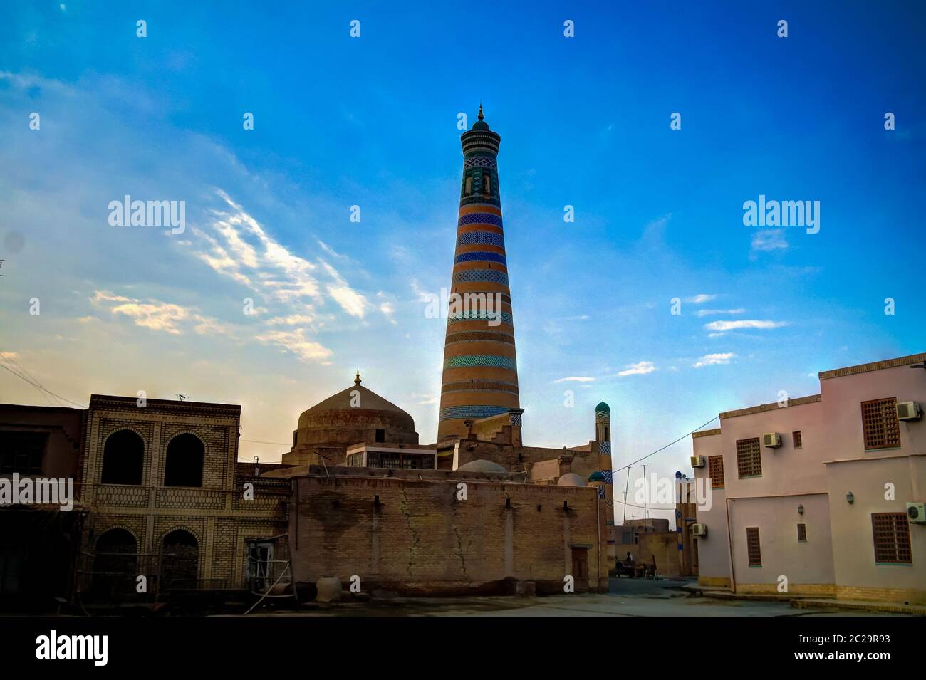 Exterior view to Islam Khoja Minor minaret at Itchan Kala in Khiva, Uzbekistan Stock Photo
