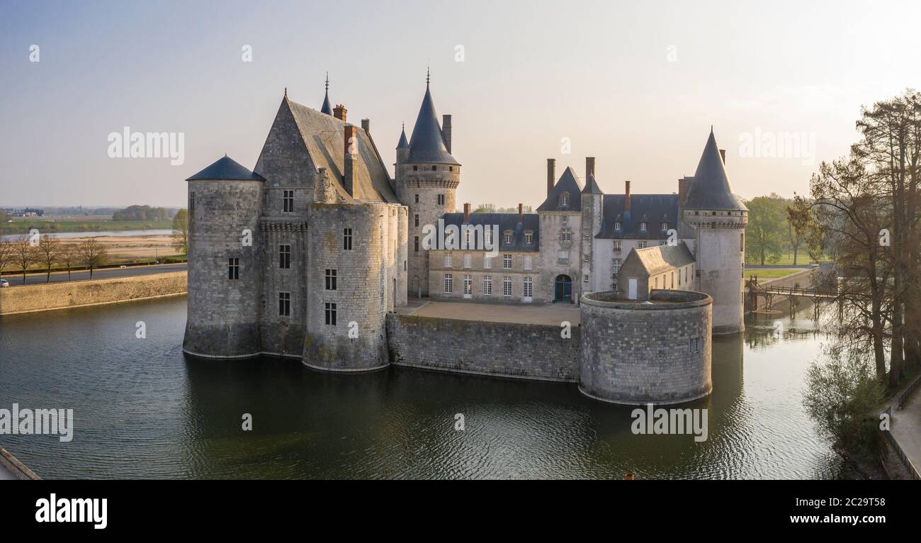 France, Loiret, Loire Valley listed as World Heritage by UNESCO, Sully sur Loire, Chateau de Sully sur Loire, 14th-18th century (aerial view) // Franc Stock Photo